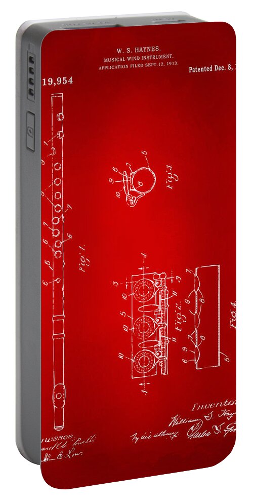Flute Portable Battery Charger featuring the digital art 1914 Flute Patent - Red by Nikki Marie Smith