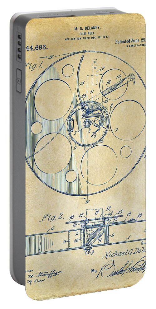 Movie Portable Battery Charger featuring the digital art 1915 Movie Film Reel Patent Vintage by Nikki Marie Smith