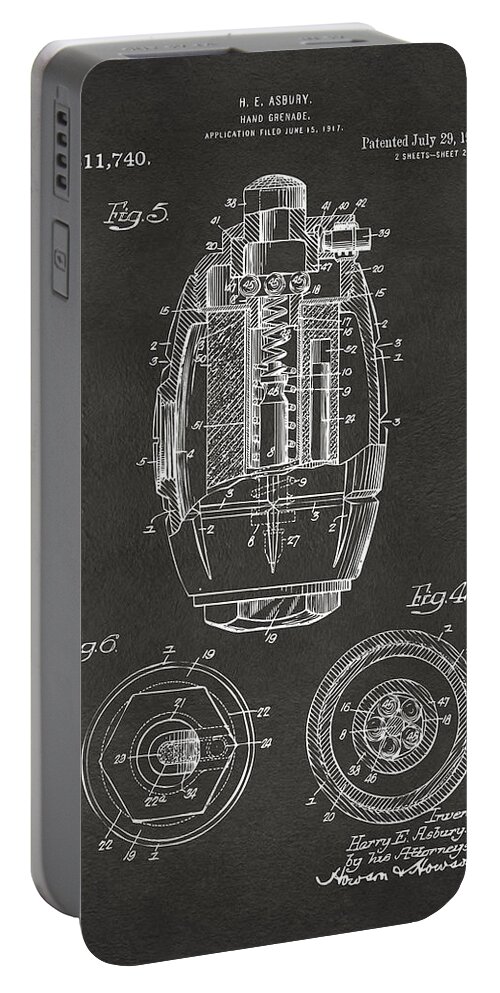 Grenade Portable Battery Charger featuring the digital art 1919 Hand Grenade Patent Artwork - Gray by Nikki Marie Smith