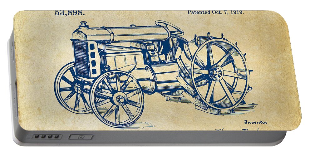 Henry Ford Portable Battery Charger featuring the digital art 1919 Henry Ford Tractor Patent Vintage by Nikki Marie Smith