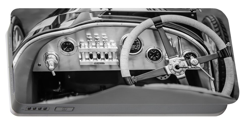 1925 Aston Martin 16 Valve Twin Cam Grand Prix Driving Wheel Portable Battery Charger featuring the photograph 1925 Aston Martin 16 Valve Twin Cam Grand Prix Steering Wheel -0790bw by Jill Reger