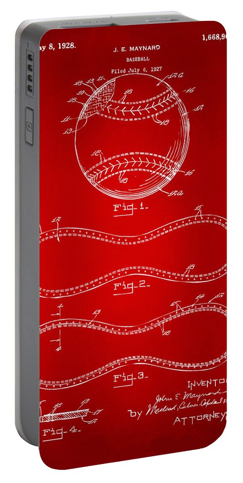 Baseball Portable Battery Charger featuring the digital art 1928 Baseball Patent Artwork Red by Nikki Marie Smith