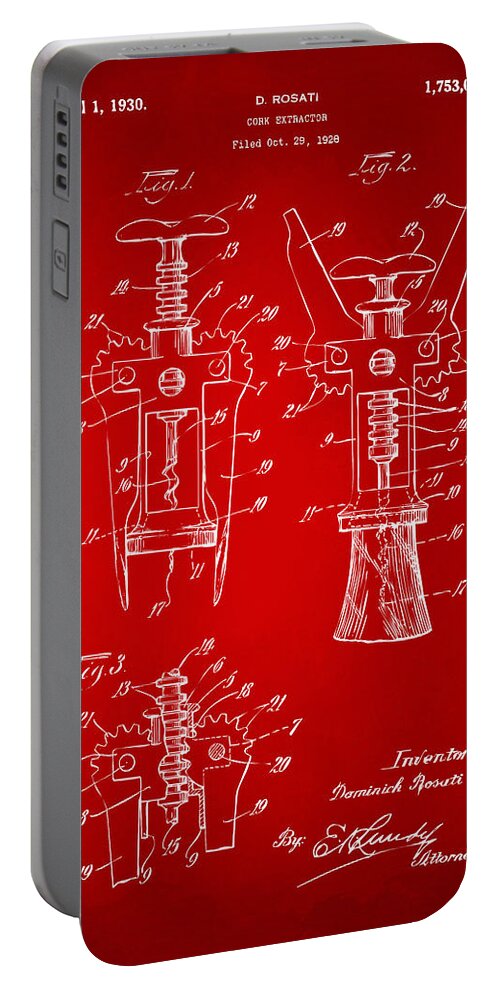 Corkscrew Portable Battery Charger featuring the digital art 1928 Cork Extractor Patent Artwork - Red by Nikki Marie Smith