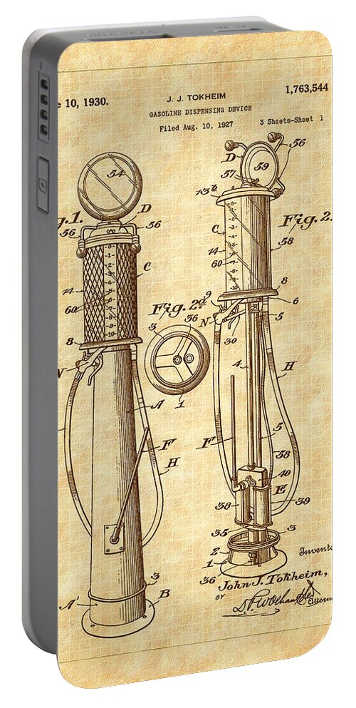 Tokheim 850 Portable Battery Charger featuring the digital art 1930 Classic Gas Pump Patent - Automotive - Historical by Barry Jones
