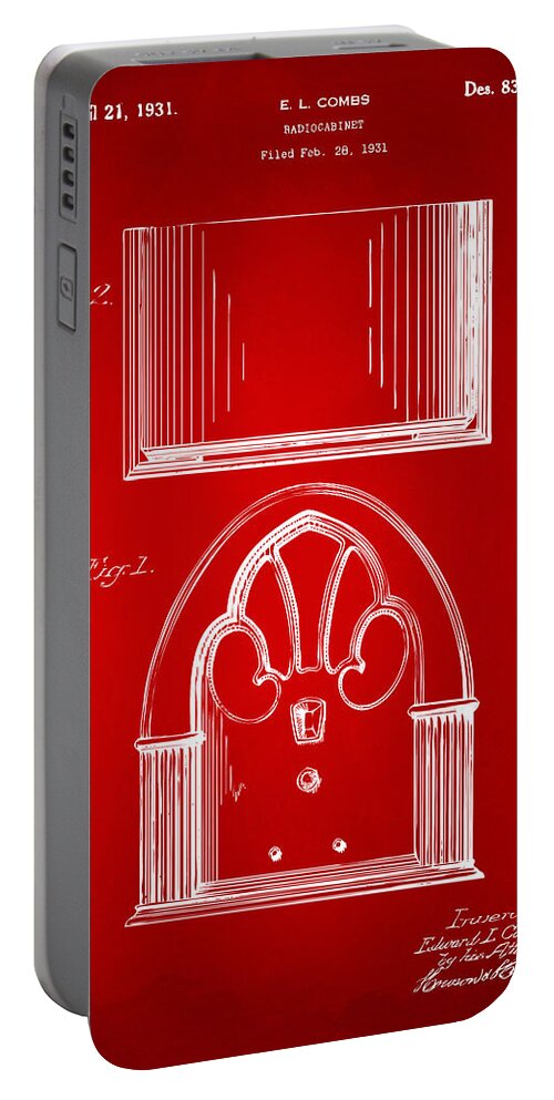 Radio Portable Battery Charger featuring the drawing 1931 Philco Radio Cabinet Patent Artwork - Red by Nikki Marie Smith