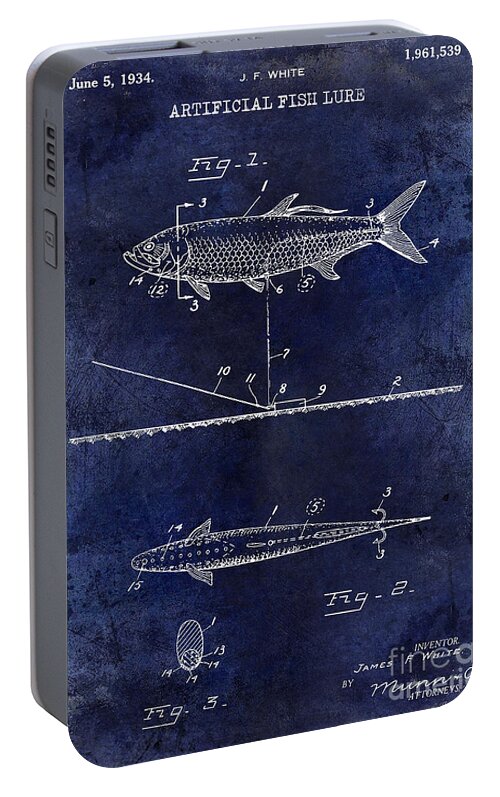 Fish Patent Portable Battery Charger featuring the photograph 1934 Artificial Fish Lure Patent Drawing Blue by Jon Neidert