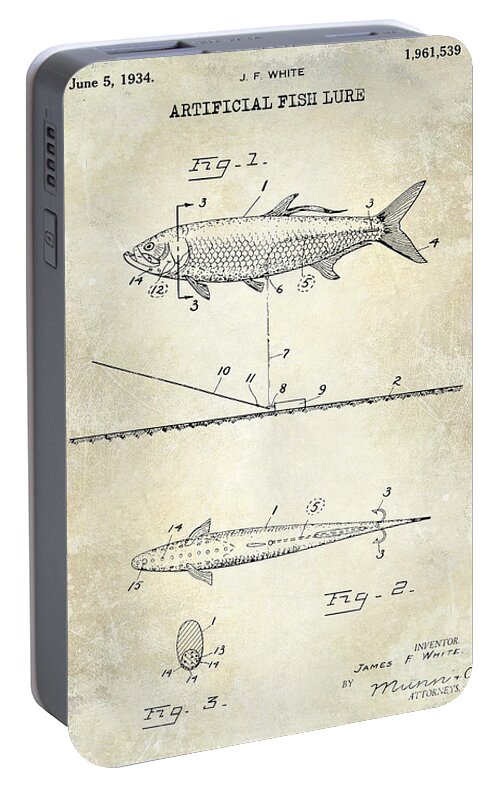Fish Patent Portable Battery Charger featuring the photograph 1934 Artificial Fish Lure Patent Drawing by Jon Neidert