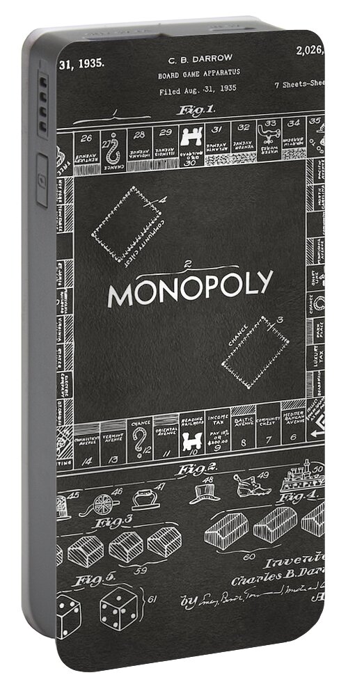 Monopoly Portable Battery Charger featuring the digital art 1935 Monopoly Game Board Patent Artwork - Gray by Nikki Marie Smith