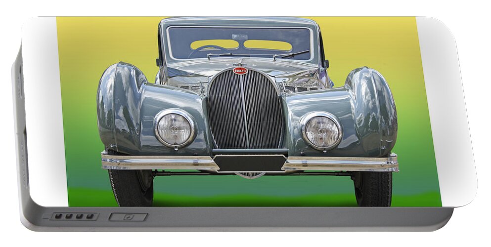 Enhanced Head-on Photo Of 1937 Bugatti Type 57sc With An Atalante Body Finished In Two-tone Green With Pigskin Upholstery Portable Battery Charger featuring the photograph 1937 Bugatti 57 S C Atalante by Jack Pumphrey