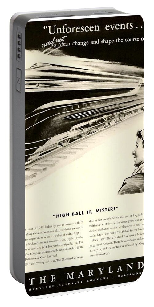 1938 Portable Battery Charger featuring the digital art 1938 - Maryland Casualty Art Deco Train - Advertisement by John Madison