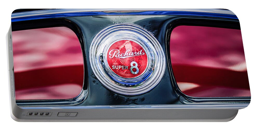 1940 Packard Super 8 Convertible Rear Emblem Portable Battery Charger featuring the photograph 1940 Packard Super 8 Convertible Rear Emblem -1112c by Jill Reger