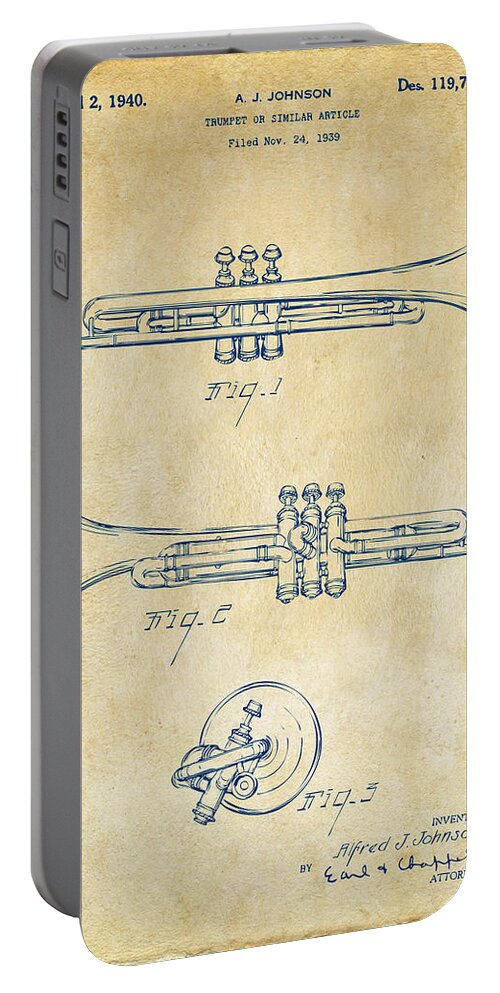 Trumpet Portable Battery Charger featuring the drawing 1940 Trumpet Patent Artwork - Vintage by Nikki Marie Smith