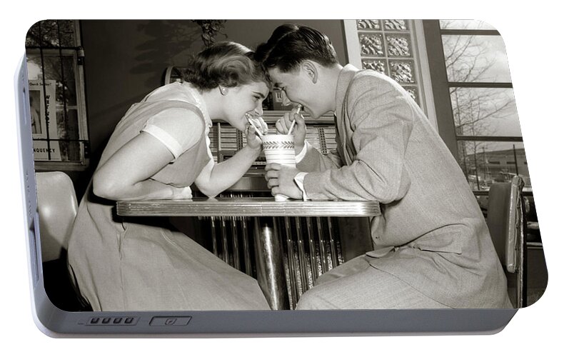 Photography Portable Battery Charger featuring the photograph 1950s 1960s Laughing Teenage Couple Boy by Vintage Images