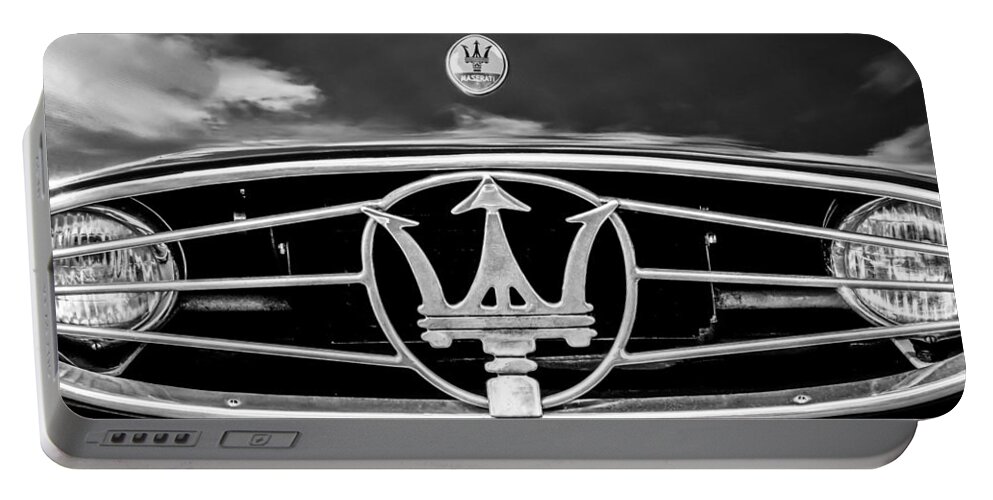 1954 Maserati A6 Gcs Grille Emblem Portable Battery Charger featuring the photograph 1954 Maserati A6 Gcs Grille Emblem -0259bw by Jill Reger