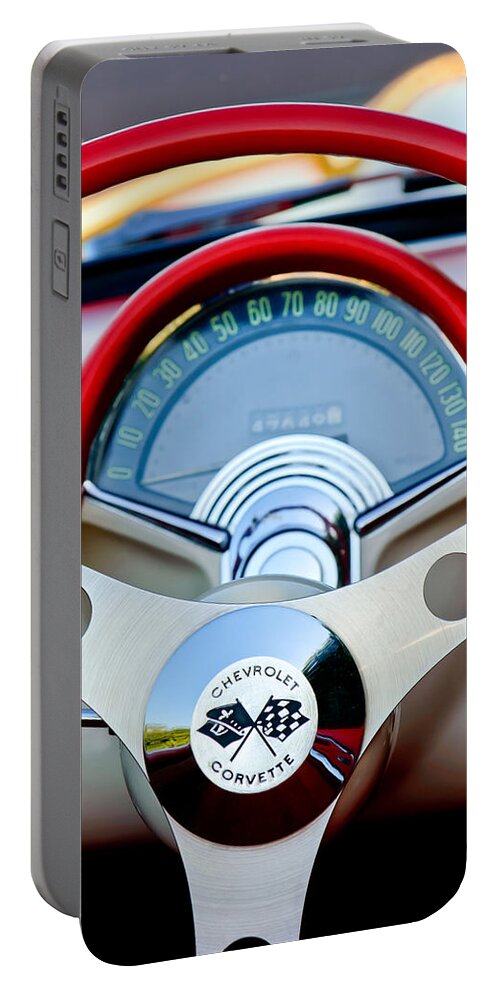Car Portable Battery Charger featuring the photograph 1957 Chevrolet Corvette Convertible Steering Wheel by Jill Reger