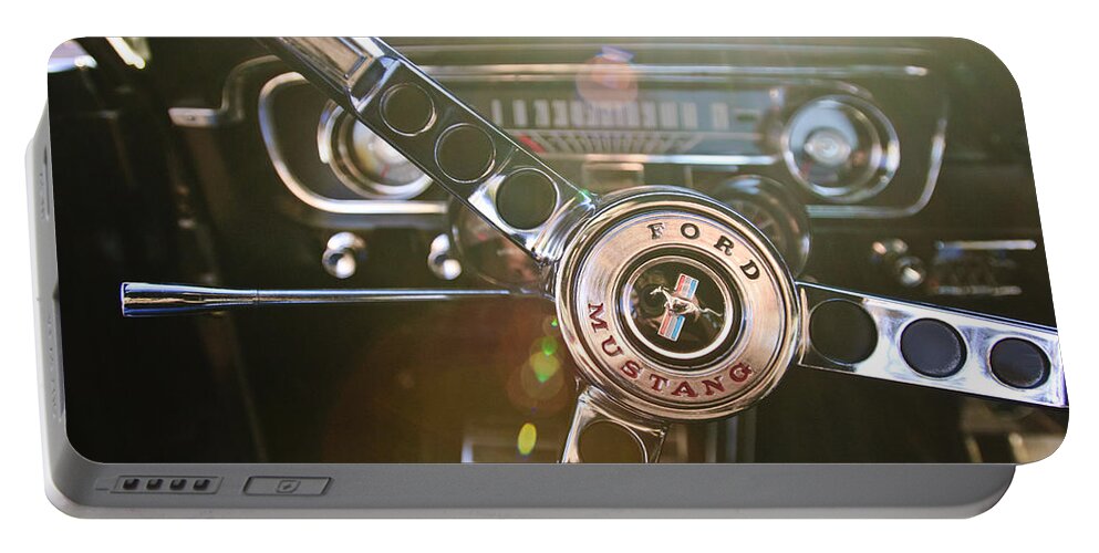 1965 Shelby Prototype Ford Mustang Portable Battery Charger featuring the photograph 1965 Shelby prototype Ford Mustang Steering Wheel Emblem by Jill Reger