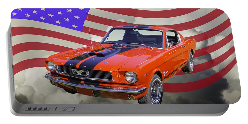 Car Portable Battery Charger featuring the photograph 1966 Ford Mustang Fastback and American Flag by Keith Webber Jr