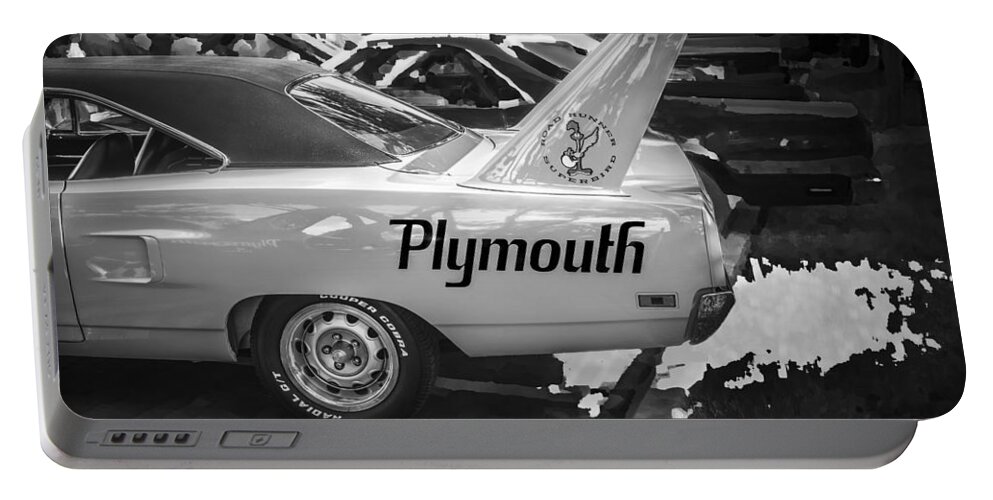1970 Plymouth Portable Battery Charger featuring the photograph 1970 Plymouth Road Runner Hemi Super Bird BW by Rich Franco