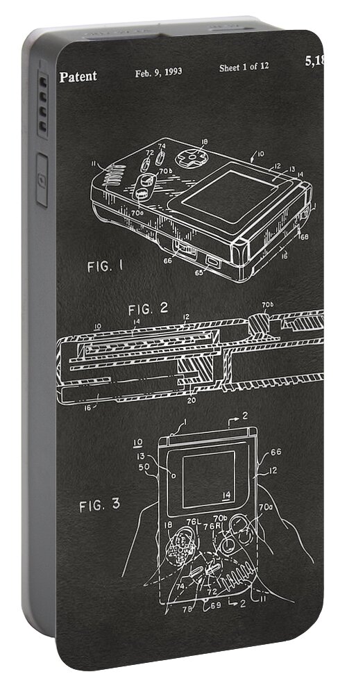 Nintendo Portable Battery Charger featuring the digital art 1993 Nintendo Game Boy Patent Artwork - Gray by Nikki Marie Smith