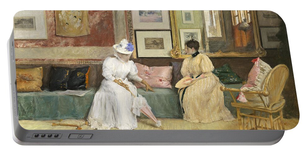 Sitting; Room; Parasol; Conversation; Interior; Society; American; Impressionist; Impressionism; Visit; Ten; Group; Friends; Conversing Portable Battery Charger featuring the painting A Friendly Call by William Merritt Chase