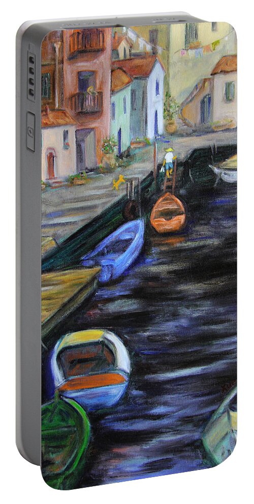 Village Portable Battery Charger featuring the painting Boats in front of the Buildings III by Xueling Zou