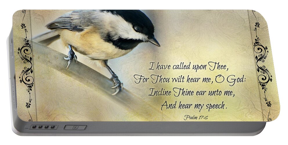 Nature Portable Battery Charger featuring the photograph Chickadee with Verse #2 by Debbie Portwood