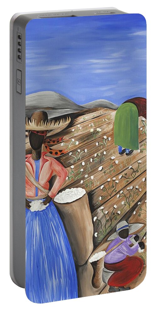 Gullah Art Portable Battery Charger featuring the painting Cotton Pickin' Cotton by Patricia Sabreee