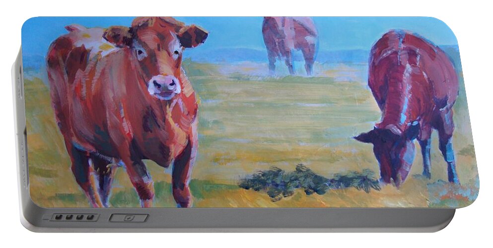 Ruby Red Cow Painting Portable Battery Charger featuring the painting Cows #5 by Mike Jory