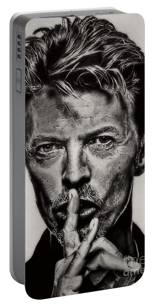 David Bowie Portable Battery Charger featuring the drawing David Bowie - Pencil Abstract by Doc Braham