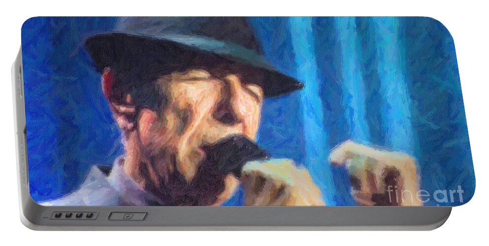 Leonard Cohen Portable Battery Charger featuring the digital art Leonard Cohen in concert 2013 #2 by Liz Leyden