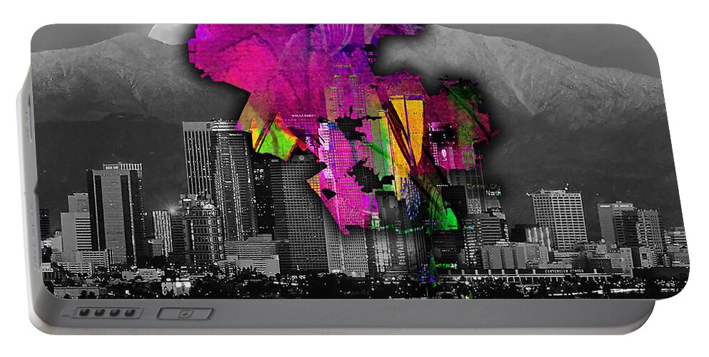 Los Angeles Art Portable Battery Charger featuring the mixed media Los Angeles Map and Skyline Watercolor #2 by Marvin Blaine