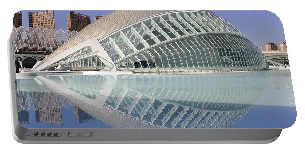 Modern Valencia Spain Reflected Pool The Hemisferic In Valencia Spain L'hemisferic Is An Imax Cinema Portable Battery Charger featuring the photograph The Hemisferic in Valencia Spain by Julia Gavin