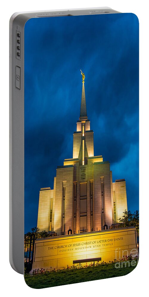 Oquirrh Mountain Portable Battery Charger featuring the photograph Oquirrh Mountain LDS Temple Evening Thunderstorm #2 by Gary Whitton