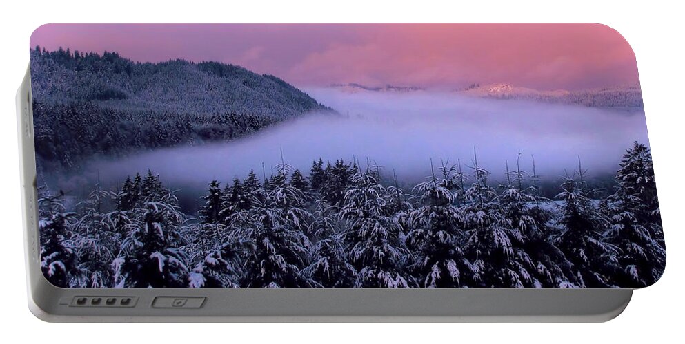 Oregon Portable Battery Charger featuring the photograph Pink Sunrise With Foggy River by KATIE Vigil