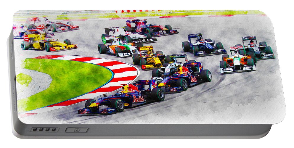 Formula One Racing Portable Battery Charger featuring the digital art Sebastian Vettel leads the pack by Don Kuing