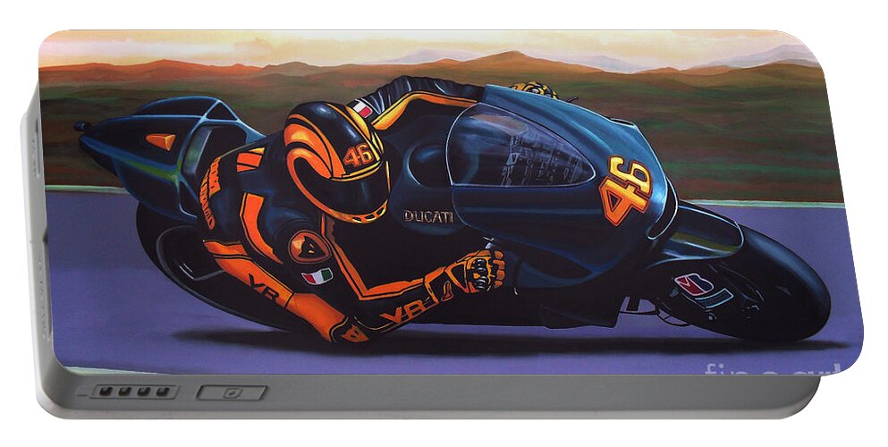 Valentino Rossi Portable Battery Charger featuring the painting Valentino Rossi on Ducati by Paul Meijering