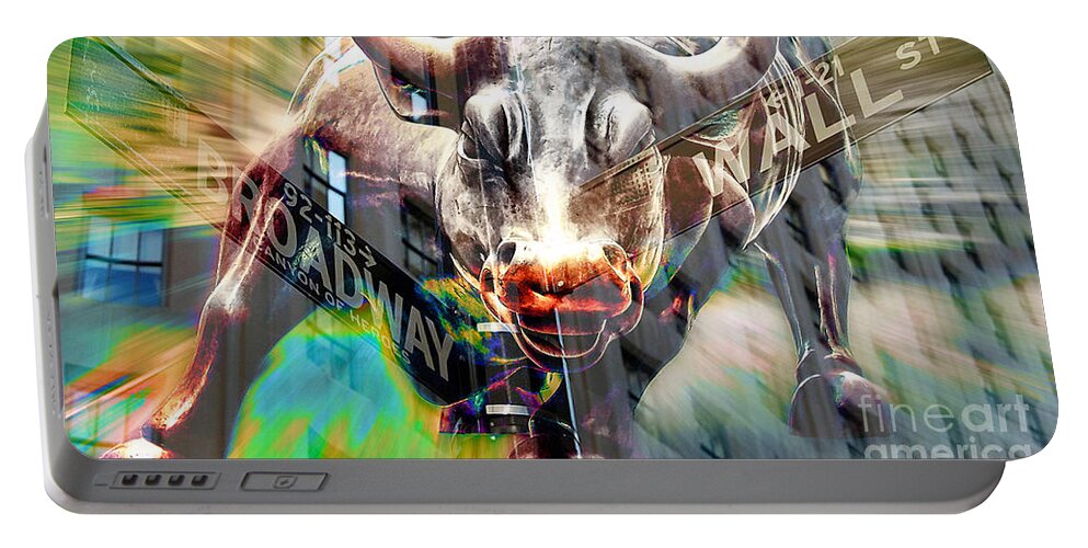 Wall Street Bull Paintings Portable Battery Charger featuring the mixed media Wall Street Bull #1 by Marvin Blaine