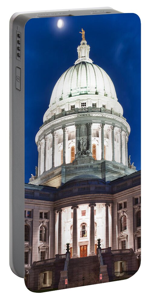 Clouds Portable Battery Charger featuring the photograph Wisconsin State Capitol Building at Night by Sebastian Musial