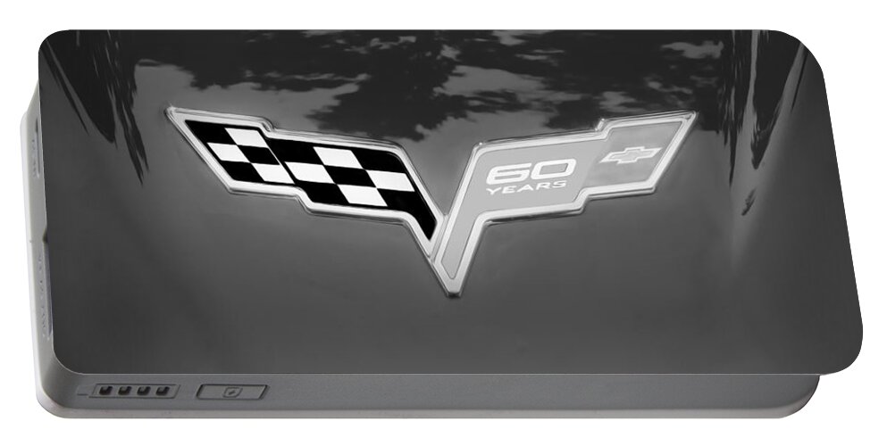 2013 Chevrolet Corvette Portable Battery Charger featuring the photograph 2013 Corvette Hood Logo Painted BW by Rich Franco
