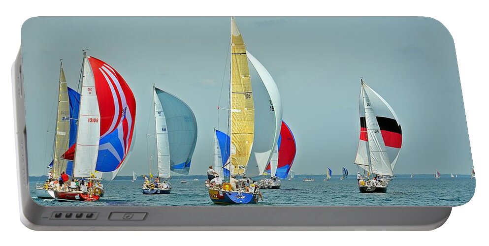 2014 Bells Beer Bayview Mackinac Race Portable Battery Charger featuring the photograph Praeceptor, Traitor, Contender, Its a Zoo, and Mystery by Randy J Heath