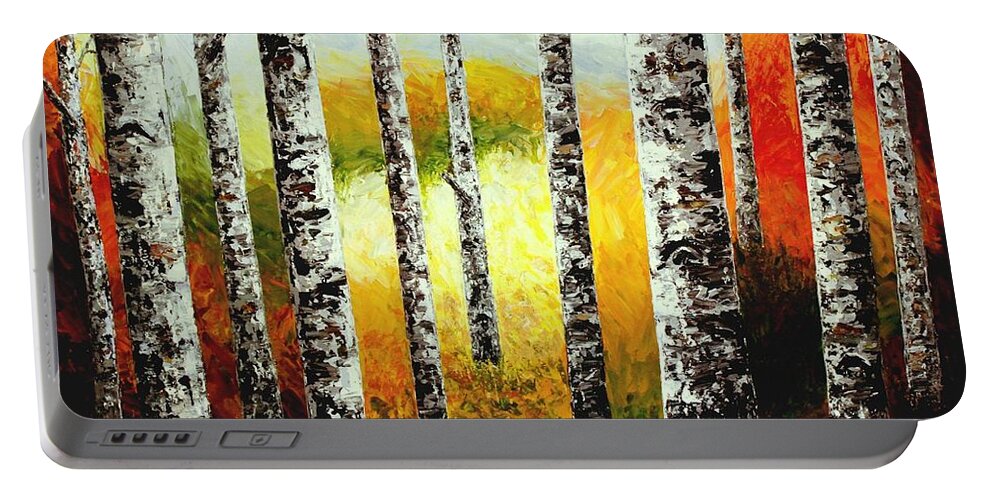 Birch Tree Portable Battery Charger featuring the painting Fall Birches Beauty palette knife painting by Georgeta Blanaru