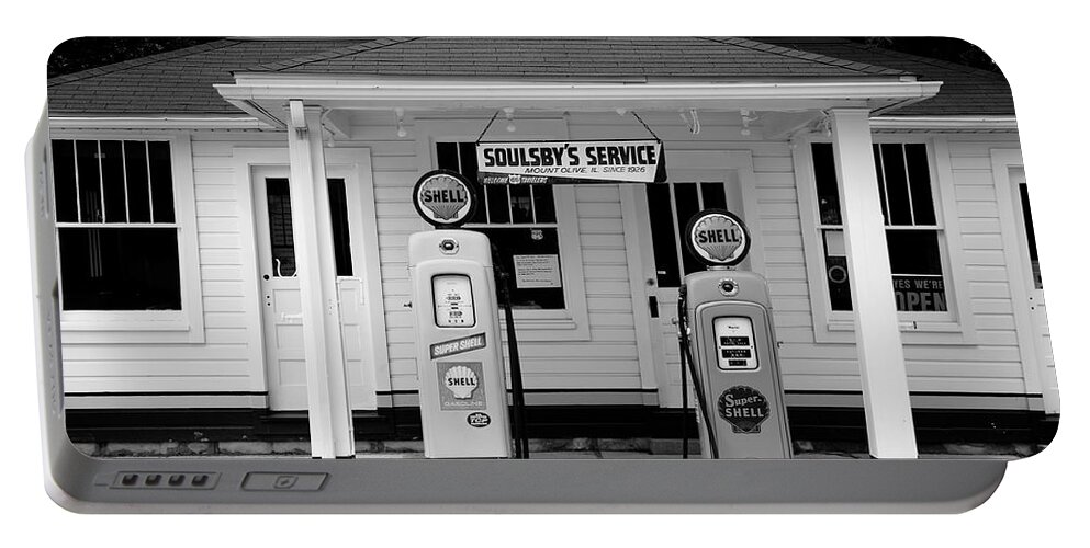 66 Portable Battery Charger featuring the photograph Route 66 - Soulsby Station Pumps 2012 BW by Frank Romeo