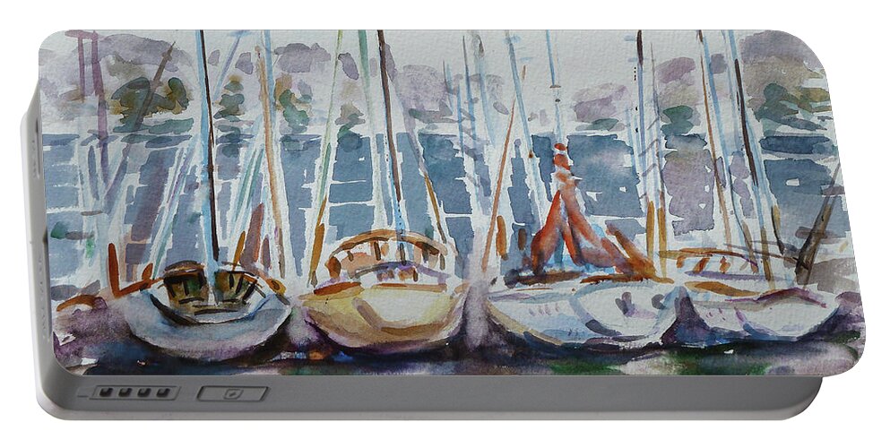 Boats Portable Battery Charger featuring the painting 4 Boats by Xueling Zou