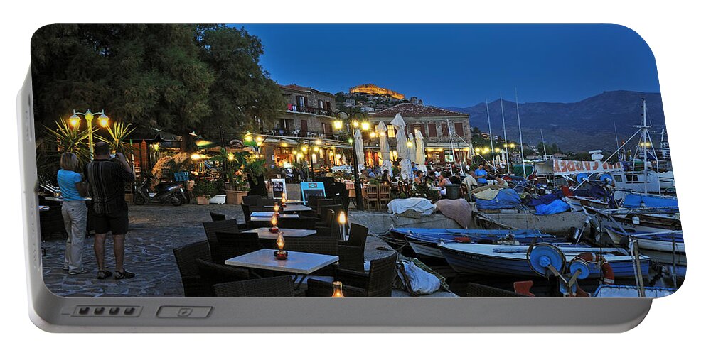 Lesvos; Lesbos; Molyvos; Molivos; Mithymna; Methymna; Village; Town; People; Tourists; Port; Harbor; Castle; Fortress; Islands; Greece; Greek; Hellas; Aegean; Summer; Holidays; Vacation; Tourism; Touristic; Travel; Trip; Island Portable Battery Charger featuring the photograph Molyvos village during dusk time #2 by George Atsametakis