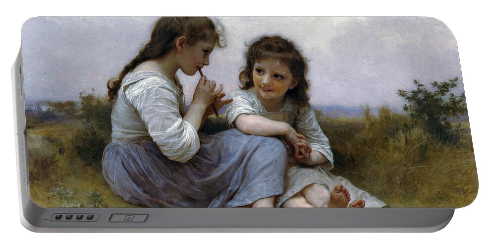 A Childhood Idyll Portable Battery Charger featuring the digital art A Childhood Idyll by William Bouguereau