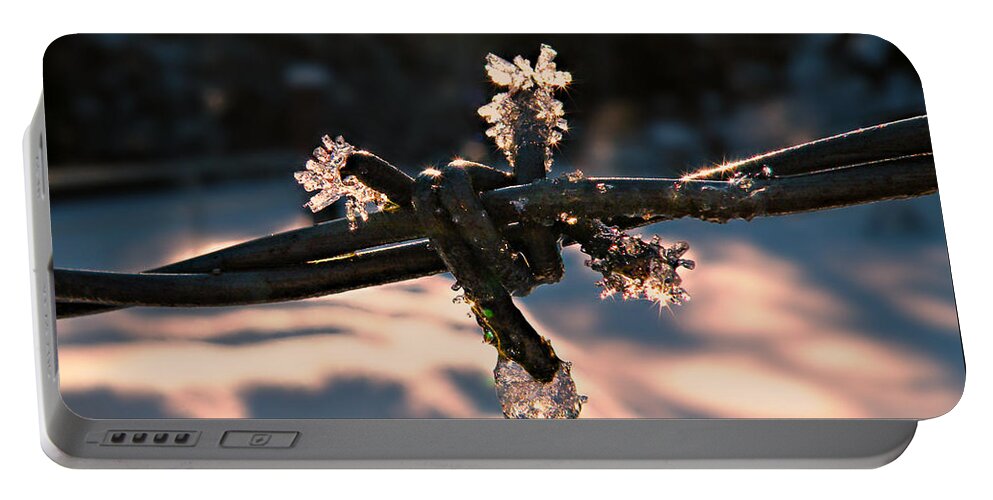 Barbed Wire Portable Battery Charger featuring the photograph A Cold Welcome by Micki Findlay