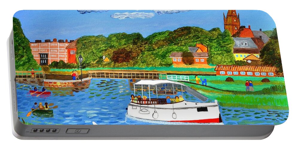 River Portable Battery Charger featuring the painting A day on the river in Exeter by Magdalena Frohnsdorff