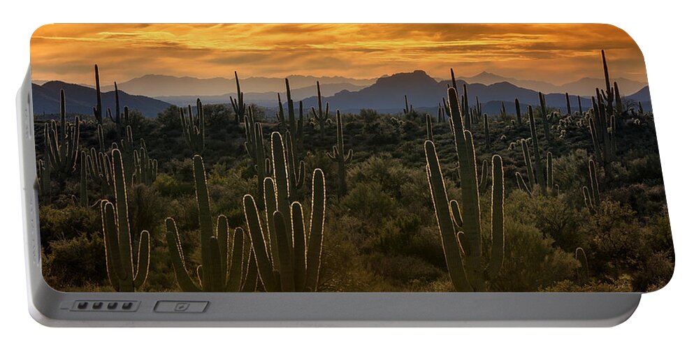 Saguaro Sunset Portable Battery Charger featuring the photograph A Golden Sonoran Sunset by Saija Lehtonen