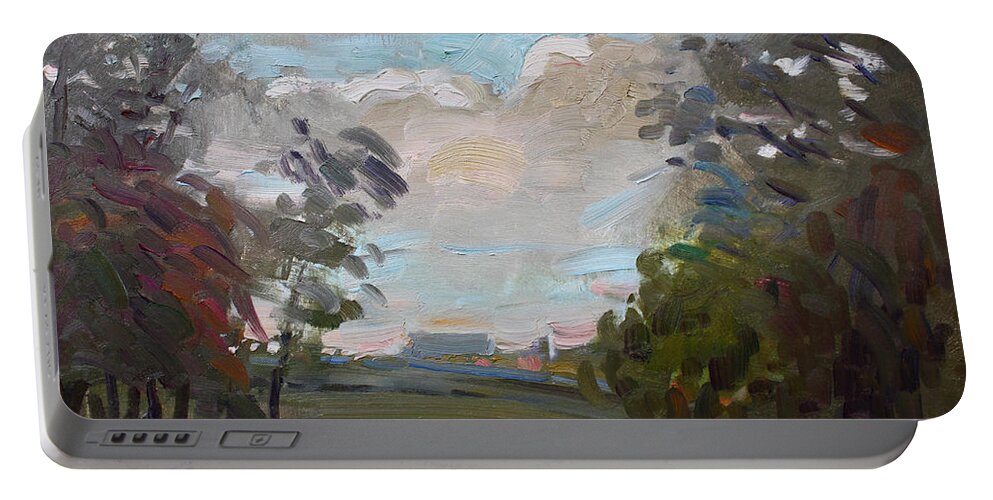 Rainy Day Portable Battery Charger featuring the painting A Little Break from the Rain by Ylli Haruni