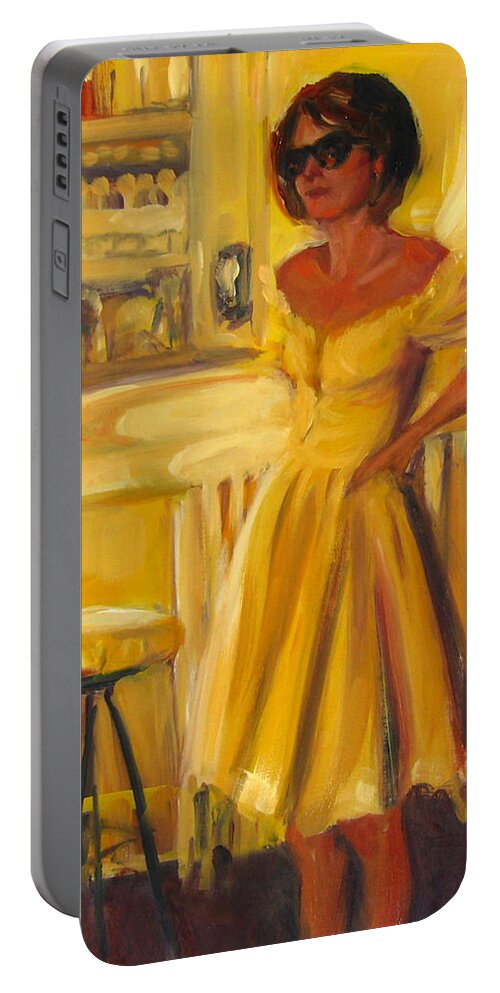 Woman Portable Battery Charger featuring the painting A Moment to Consider by Connie Schaertl